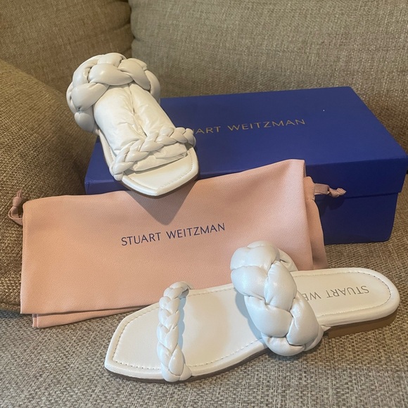 NIB STUART WEITZMAN White Playa Square Toe Slip On Leather Slide Sandals 6.5 - Picture 2 of 6